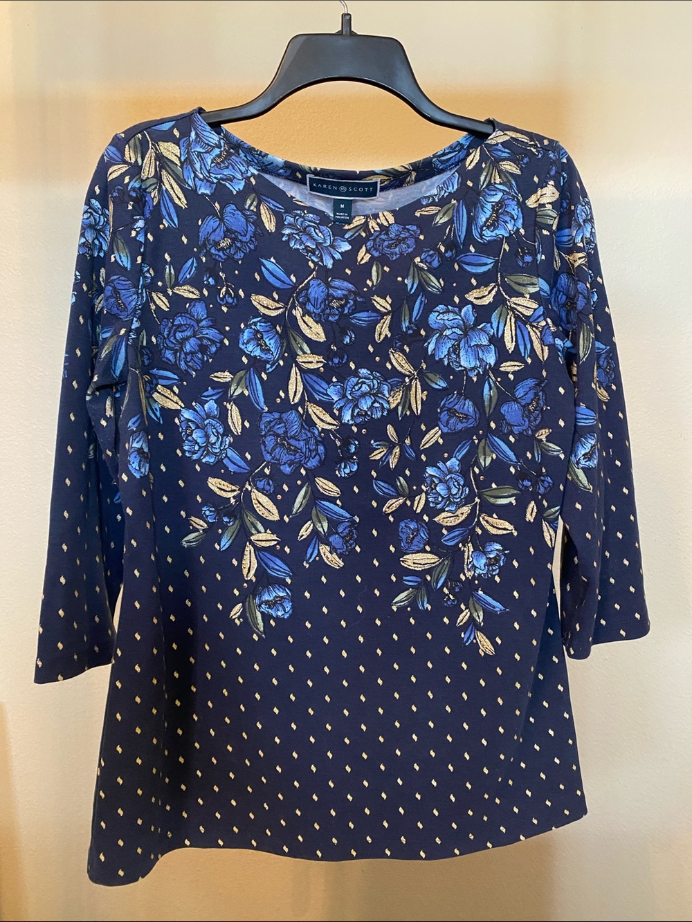 Karen Scott Navy Floral Scoop-Neck Long Sleeve 3/4-Length Top